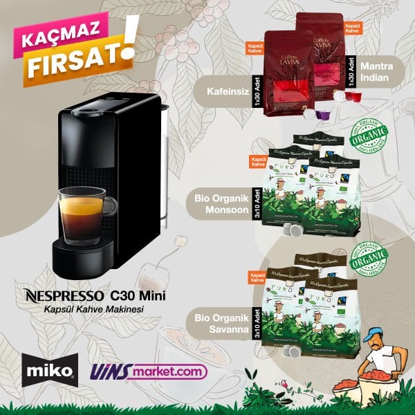 Nespresso C30 Essenza Mini Kapsüllü Kahve Makinesi Siyah + 120 Adet Kapsül Kahve
